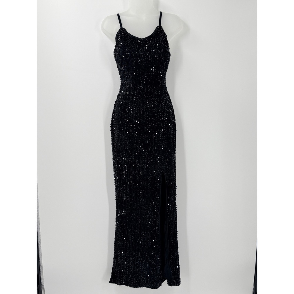Black Sequin Maxi Dress Side Slit Size S whimsigoth sexy glam prom hoco formal